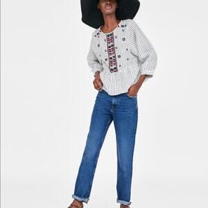 Zara Embroidered Linen Pompom Peplum Top Striped Boho 3/4 Sleeves Sz S